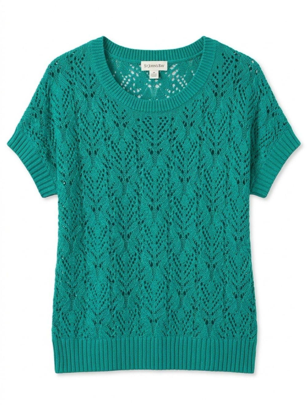St. John's Bay Teal Openwork Short-Sleeve Crew Neck Sweater